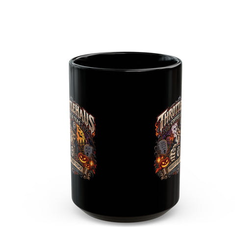 Halloween Throttlehaus Coffee Mug — Spooky Skull & Pumpkins Black Ceramic (11oz & 15oz)