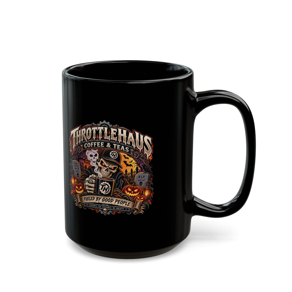 Halloween Throttlehaus Coffee Mug — Spooky Skull & Pumpkins Black Ceramic (11oz & 15oz)
