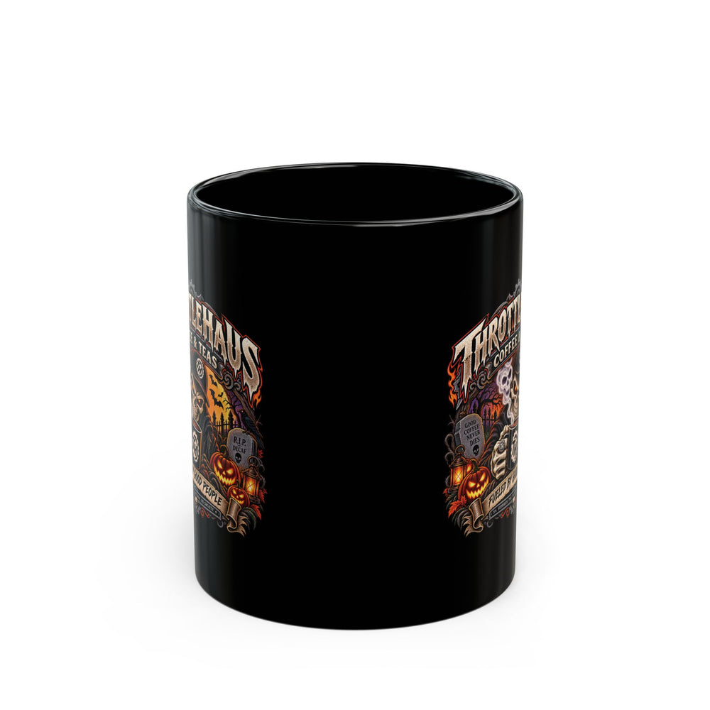 Halloween Throttlehaus Coffee Mug — Spooky Skull & Pumpkins Black Ceramic (11oz & 15oz)