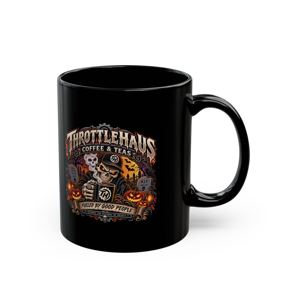 Halloween Throttlehaus Coffee Mug — Spooky Skull & Pumpkins Black Ceramic (11oz & 15oz)