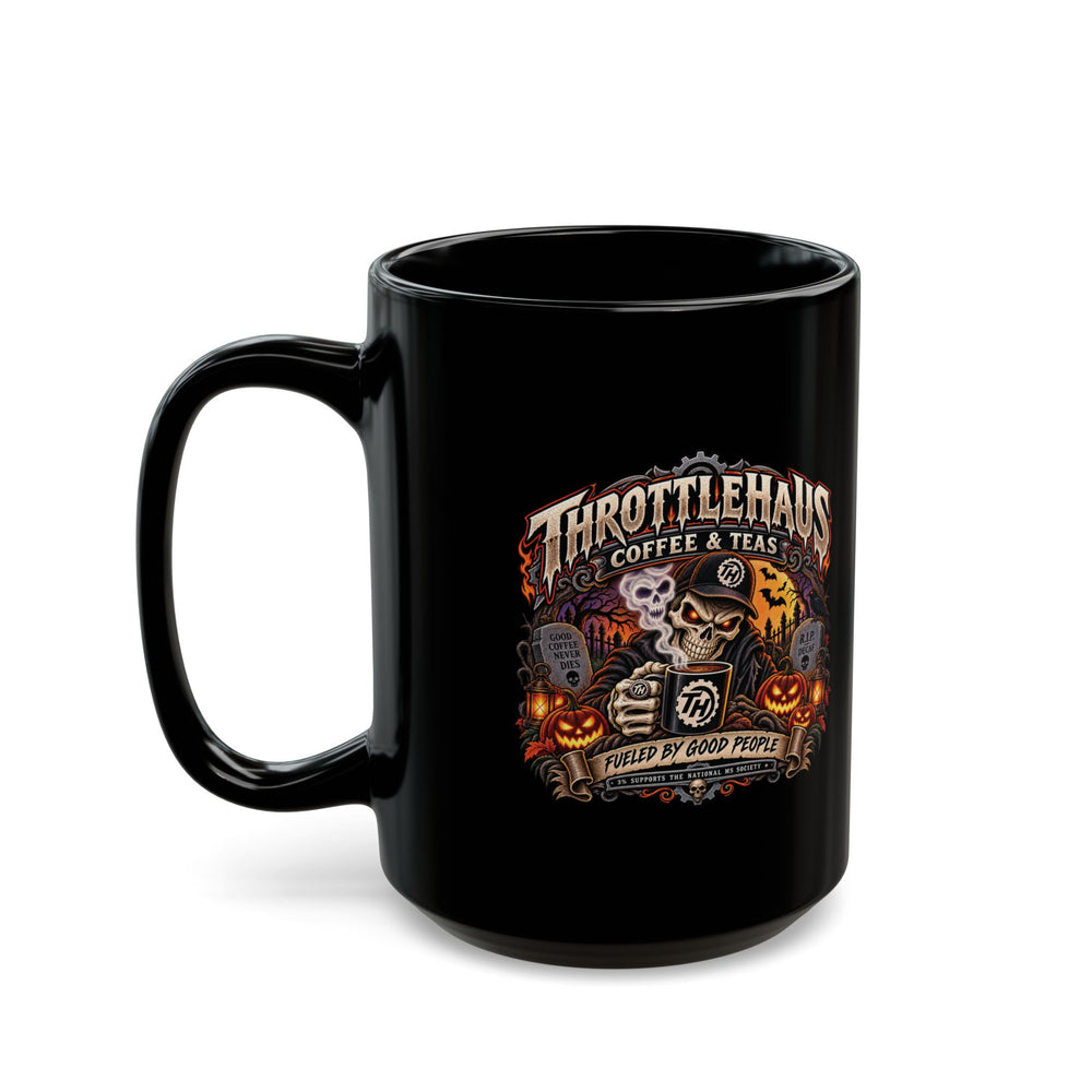 Halloween Throttlehaus Coffee Mug — Spooky Skull & Pumpkins Black Ceramic (11oz & 15oz)